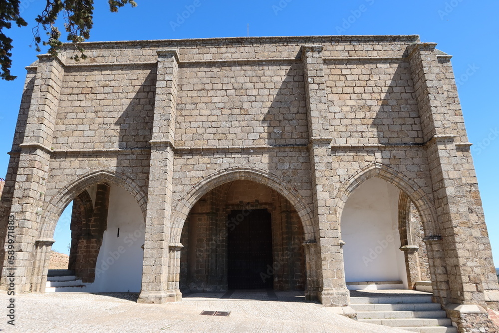 Aracena, Huelva, Spain, March 30, 2023: Rear portico of Our Lady of Greater Sorrow church in Aracena, Huelva. Spain