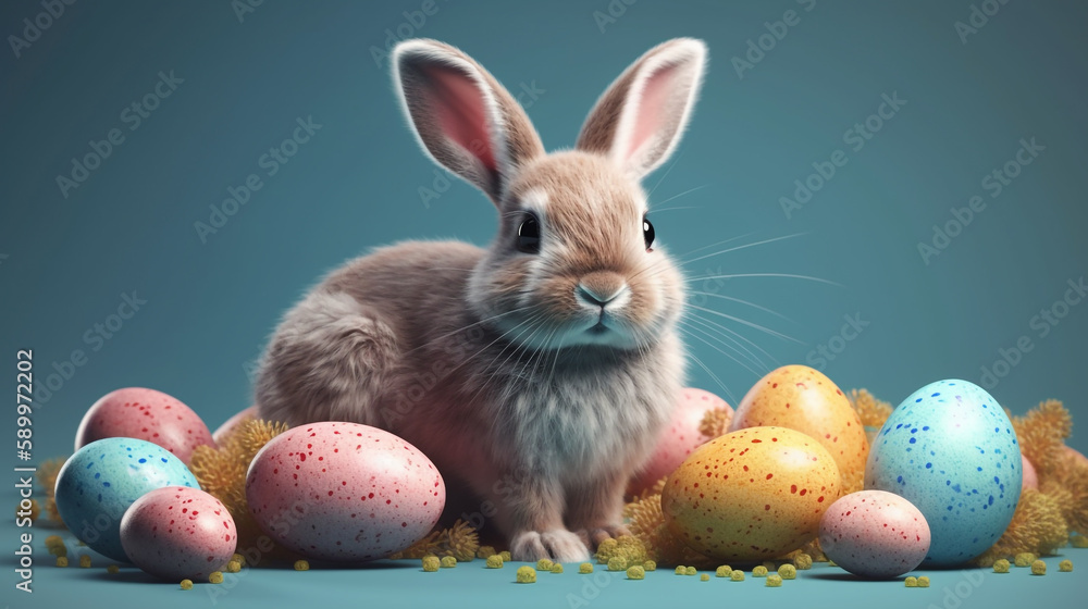 Easter rabbit with painted eggs on bokeh background. Easter holiday concept with bunny. Generative AI