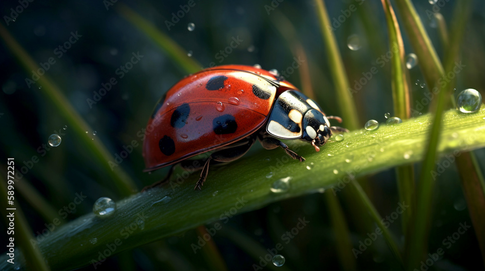Lady bug on grass stalk. Morning dew and ladybird. Close up red beetle insect. Generative AI Lady bug on grass stalk. Morning dew and ladybird. Close up red beetle insect. Generative AI