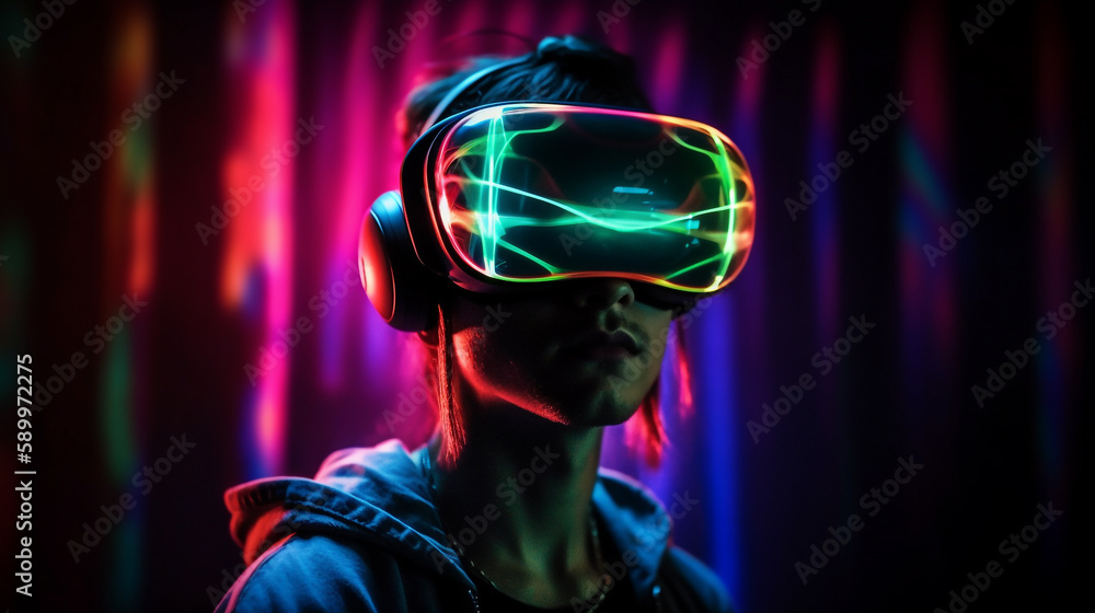 Person adjusting the VR headset. Modern neon light background. Futuristic design. Generative AI Person adjusting the VR headset. Modern neon light background. Futuristic design. Generative AI