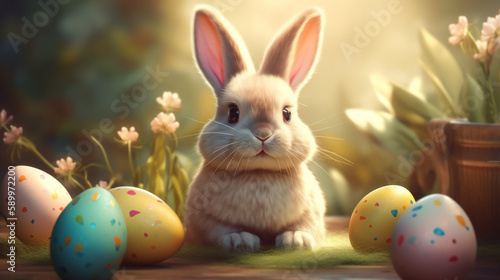 Wallpaper Mural Fairy Easter bunny with painted eggs. Easter holiday concept with rabbit. Generative AI Torontodigital.ca