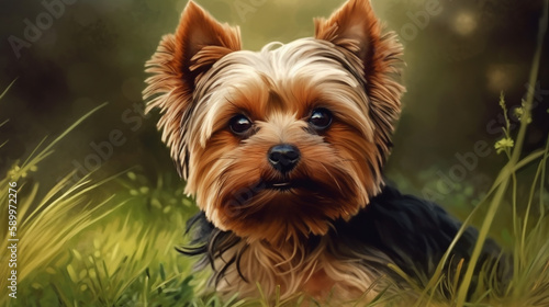 Yorkshire terrier in the park. Small York dog on green grass background. Generative AI © tanyastock