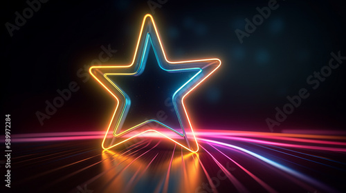Neon star illustration. Background with futuristic best review element. Premium quality rating. Generative AI