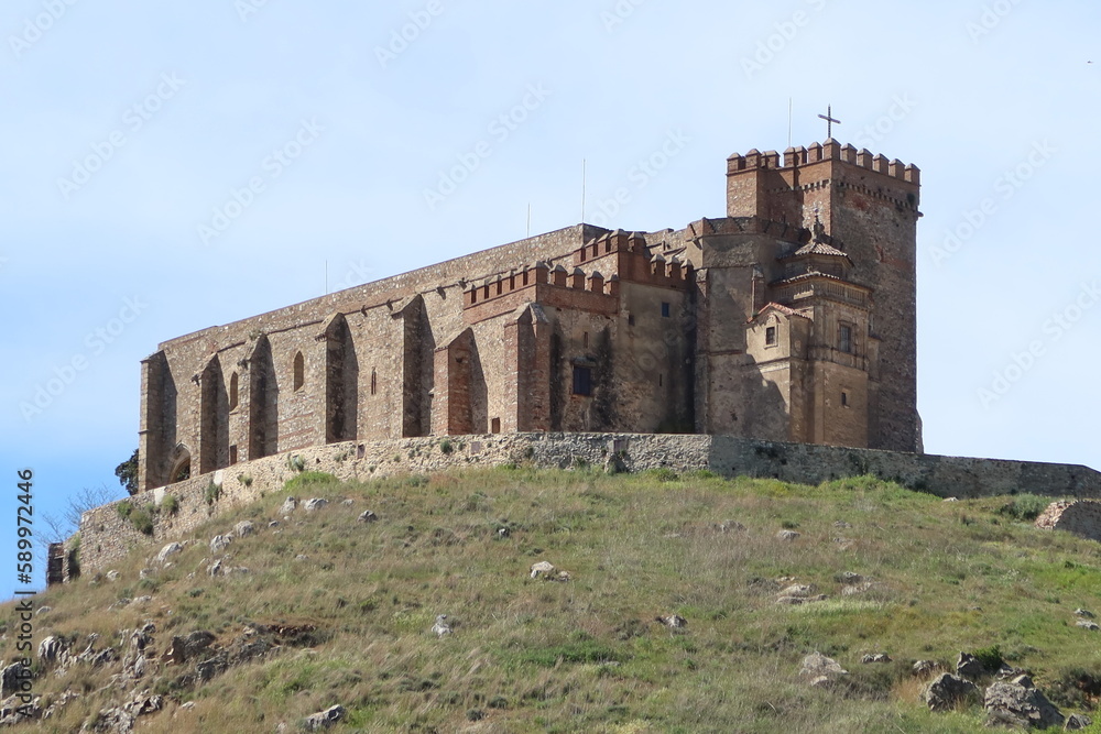 Aracena, Huelva, Spain, March 30, 2023: Church of the greatest pain next to the fortress of Aracena, Huelva. Spain