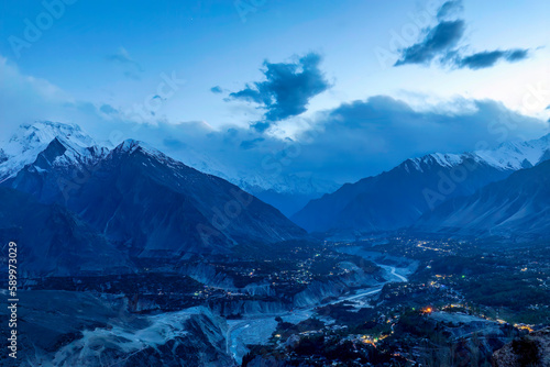Blue hour HDR of the majestic beauty of Hunza valley from the breathtaking vantage point of Eagle's Nest, Hunza, Pakistan 