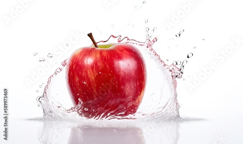A fresh apple is shown into a water, creating a splash and ripples on the surface. Creating using generative AI tools