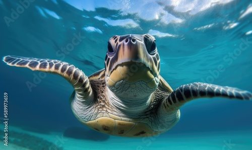 A portrait of a happy sea turtle in its underwater home Creating using generative AI tools
