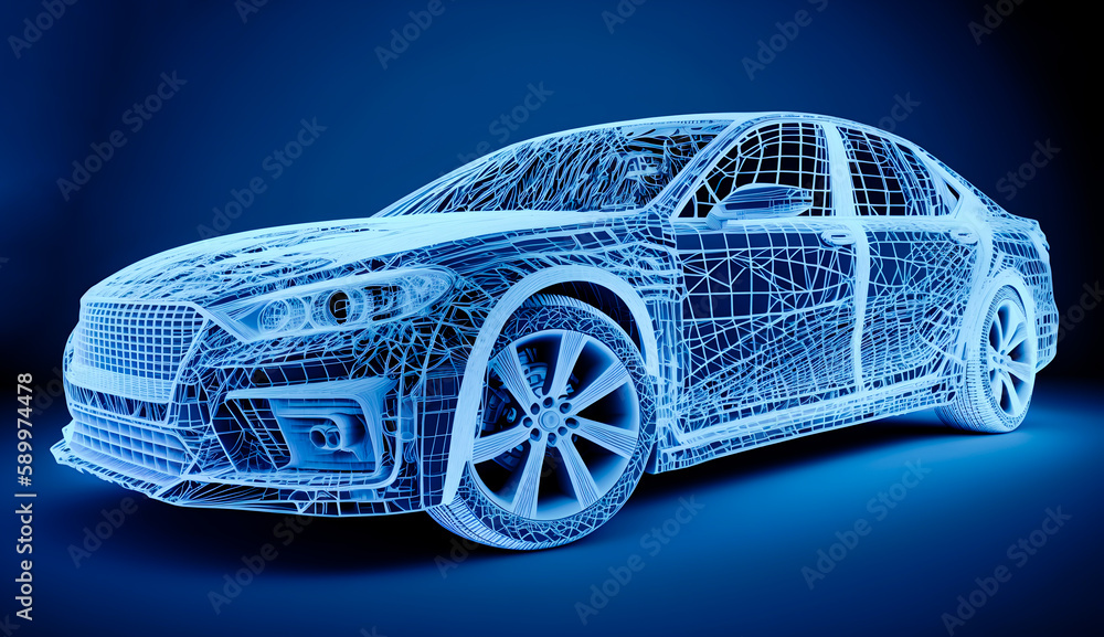 Naklejka premium Front side view of modern futuristic car wireframe in intersection or blueprint form, generative ai, 