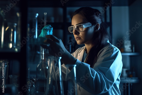 Female chemist, laboratory assistant in a laboratory with test tubes and flasks. Cinematic style. Generative AI.