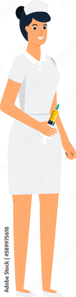 Woman Nurse Holding Syringe Standing Flat Character Design Isolated