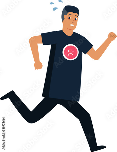 Man Teenager Pink Sad Face on Shirt Running Runaway Excited Flat Character Design Isolated