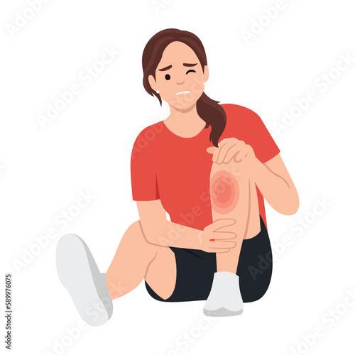 Unhealthy girl sit on ground suffer from knee pain. Unhappy unwell woman struggle with leg injury or trauma