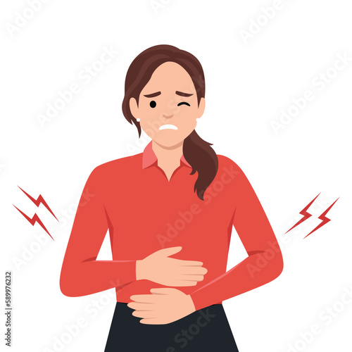 Diarrhea or constipation, problems with health concept. Young sad Woman standing feeling pain in stomach touching it with hands having Abdomen disease and illness