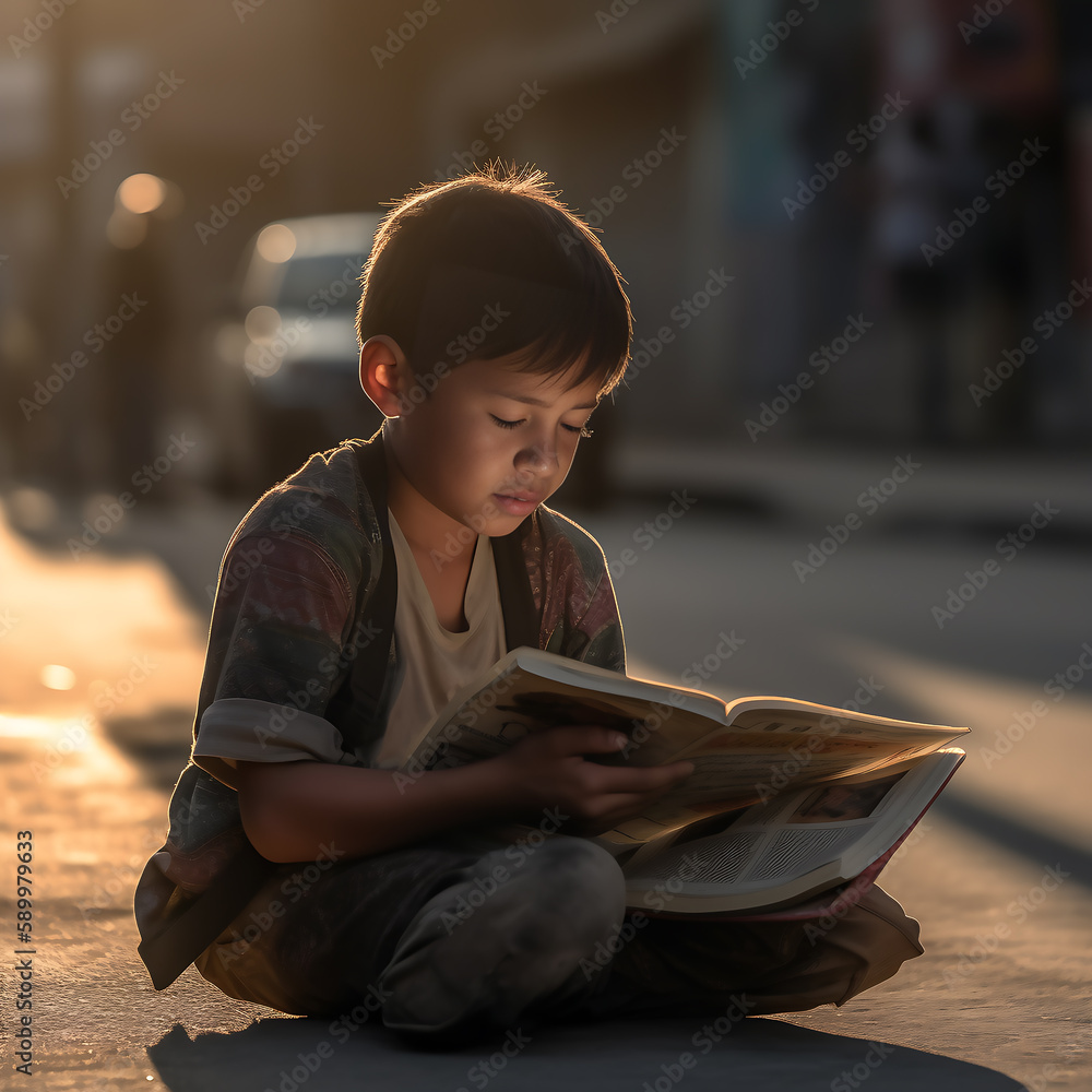Niño leyendo libro en la callle Niño leyendo libro en la callle