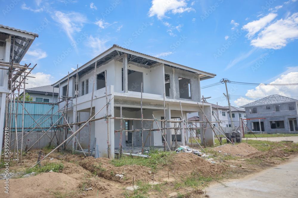 construction residential new house with prefabrication system in progress at building site construction residential new house with prefabrication system in progress at building site