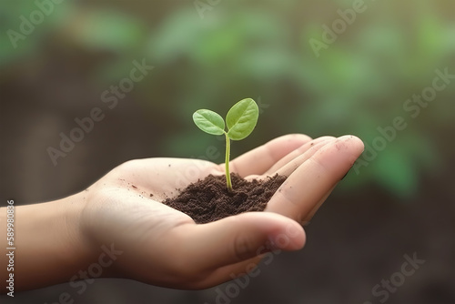 Hand-holding green seedling with soil on nature background, Ecology concept
