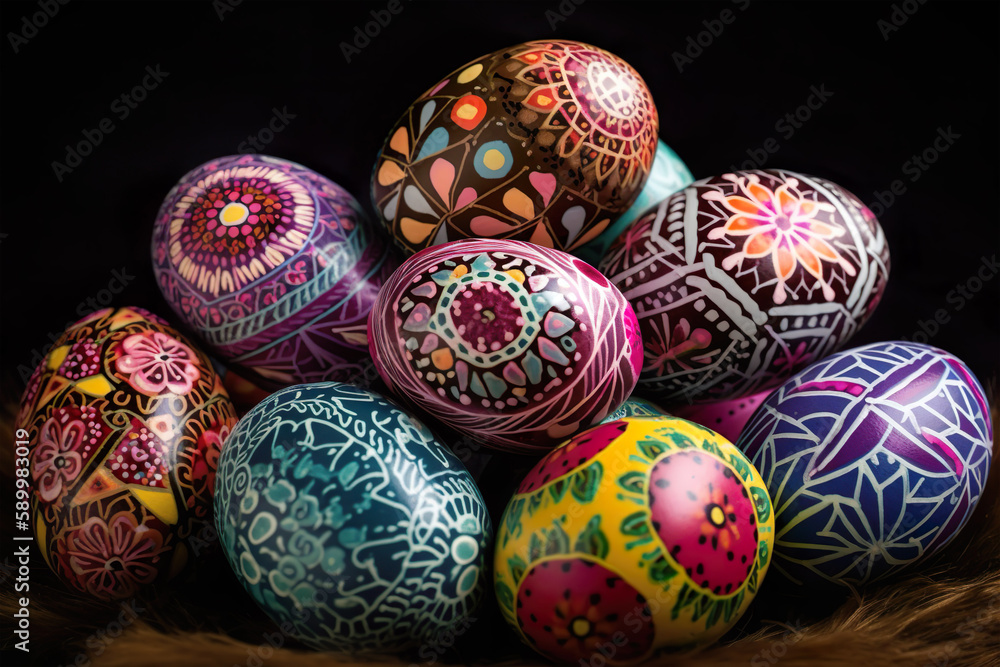 A basket of colorful easter eggs with a black background A basket of colorful easter eggs with a black background