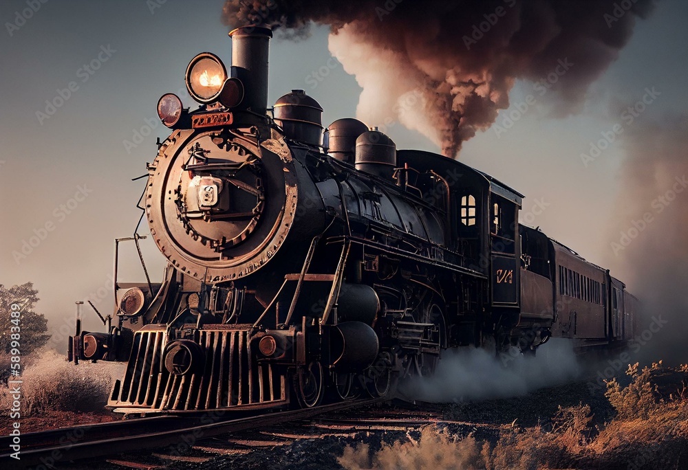 ภาพประกอบสต็อก Old steam engine hauls freight train with bulky load ...