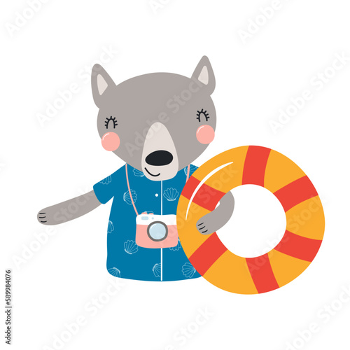 Cute wolf with camera, holding pool float cartoon character illustration. Hand drawn Scandinavian style flat design, isolated vector. Kids summer print element, animal on holidays, vacations, beach