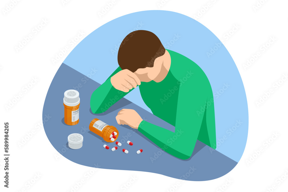 Isometric concept of dependence on pills, drugs, antidepressants. Healthcare and medical, addiction recovery. Concept for prescription drug abuse Isometric concept of dependence on pills, drugs, antidepressants. Healthcare and medical, addiction recovery. Concept for prescription drug abuse