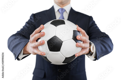 Young business man holding fotball ball isolated on white background © BillionPhotos.com