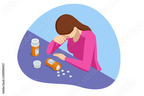 Isometric concept of dependence on pills, drugs, antidepressants. Healthcare and medical, addiction recovery. Concept for prescription drug abuse photo