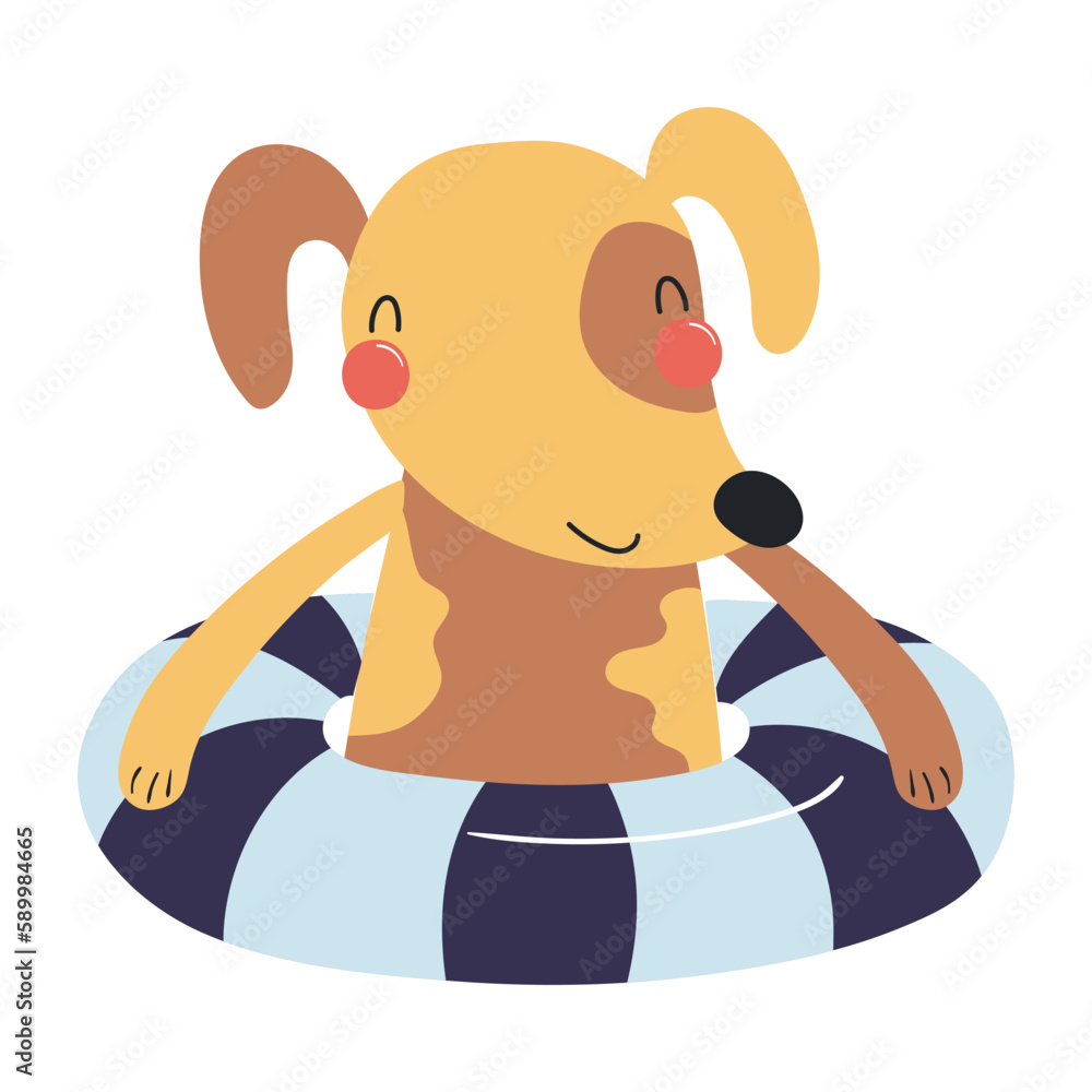 Cute dog swimming with a pool float cartoon character illustration ...