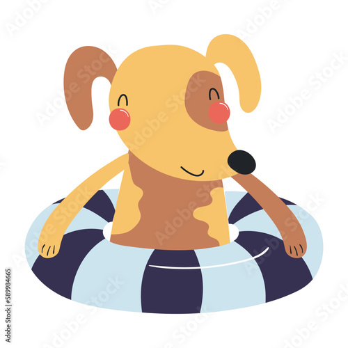 Cute dog swimming with a pool float cartoon character illustration. Hand drawn Scandinavian style flat design, isolated vector. Kids summer print element, animal on holidays, vacations, beach