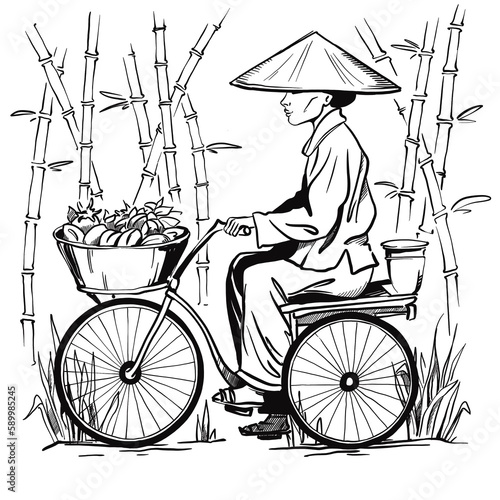 Asian seller on the Bicycle in triangle Hat in bamboo forest . woman on bike from China or Vietnan. Monochrome freehand illustration, black and white isolated sketch. design for print, logo or tattoo photo