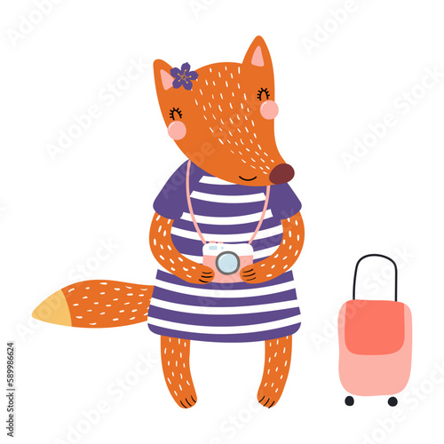 Cute fox with photo camera, suitcase cartoon character illustration. Hand drawn Scandinavian style flat design, isolated vector. Kids summer print element, animal on holidays, vacations, beach