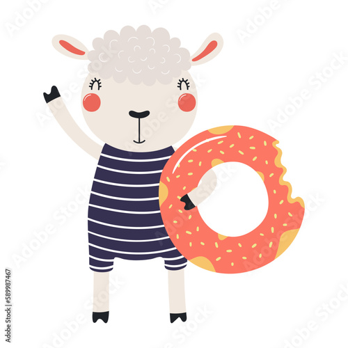 Cute sheep in a swimsuit holding pool float cartoon character illustration. Hand drawn Scandinavian style flat design, isolated vector. Kids summer print element, animal on holidays, vacations, beach