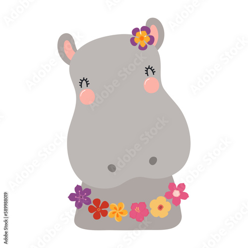 Cute hippopotamus in tropical flower necklace cartoon character illustration. Hand drawn Scandinavian style flat design, isolated vector. Kid summer print element, animal on holidays, vacations, beach