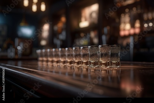 Wooden bar counter with blur background, table top with shots glasses for product presentation - created with generative AI technology
