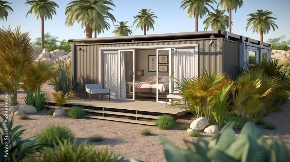 Sustainable Desert Living, Small House Made of Cargo Containers with Efficient Design, Generative AI Sustainable Desert Living, Small House Made of Cargo Containers with Efficient Design, Generative AI