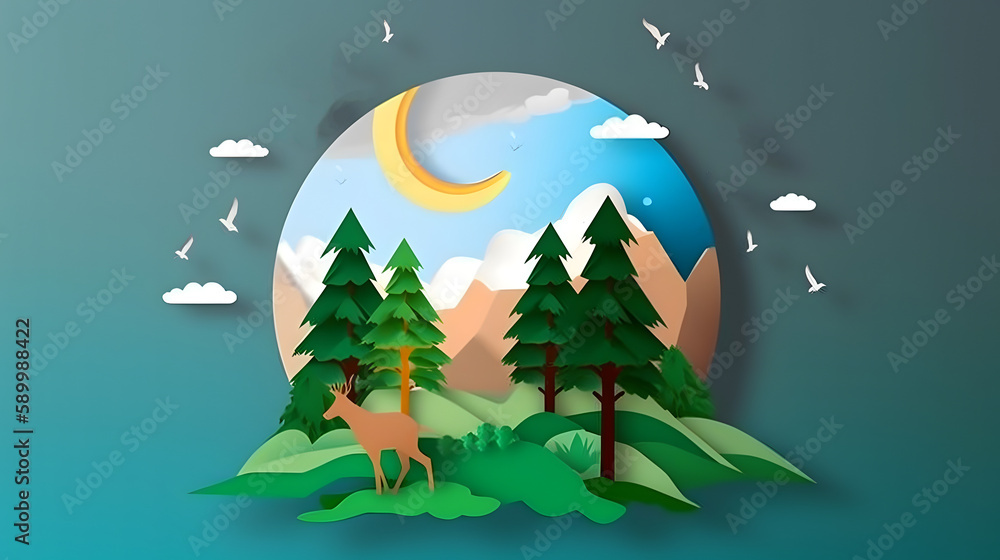 Illustration of deer, mountain, forest, clouds. Concept of earth day, environment day or nature conservation day.