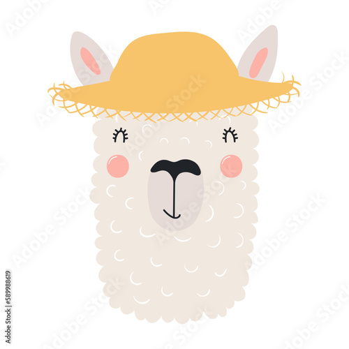 Cute llama in straw hat cartoon character illustration. Hand drawn Scandinavian style flat design, isolated vector. Kids summer print element, animal on holidays, vacations, beach