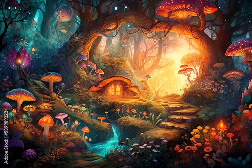 Mushroom house in mystical forest with giant trees, colorful flowers and glowing mushrooms - Generative AI	
