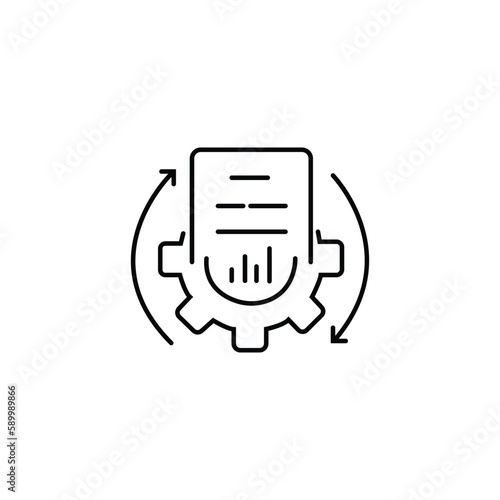 black thin line tech document flow icon. simple linear trend modern business or cogwheel logotype graphic stroke design web element. concept of industry tech paper or compliance paperwork or update
