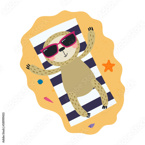 Cute sloth wearing sunglasses, sunbathing cartoon character illustration. Hand drawn Scandinavian style flat design, isolated vector. Kids summer print element, animal on holidays, vacations, beach