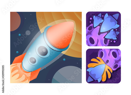 Vector concept of a spaceship and the conquest of other planets in a cartoon style.