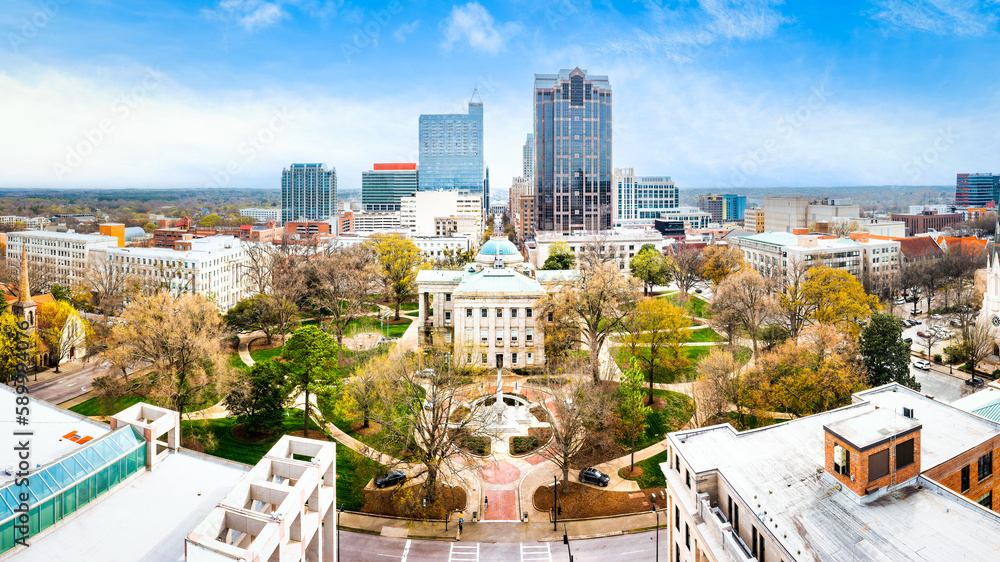 Drone panorama of the North Carolina State Capitol and Raleigh skyline