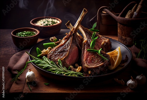 Juicy tomahawk lamb chops, a delectable dish for meat lovers. Generative AI