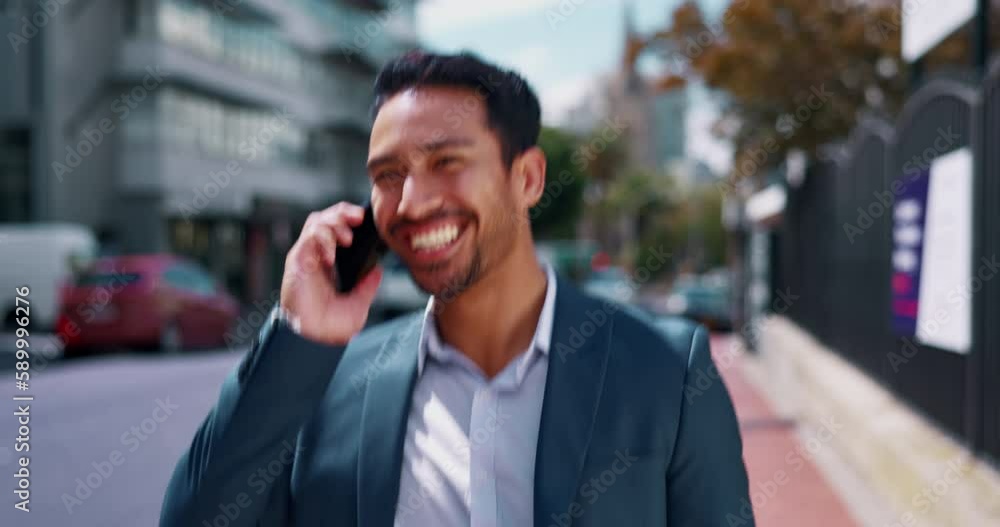Phone call, walking and business man with happy online conversation, communication or networking on voip mobile app. Corporate Asian person talking of opportunity and travel in city or urban street Phone call, walking and business man with happy online conversation, communication or networking on voip mobile app. Corporate Asian person talking of opportunity and travel in city or urban street