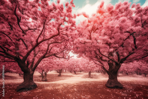 Cherry tree blossom explosion on a sunny. Generative AI