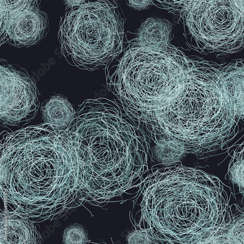 Tumbleweed seamless pattern on black. Dry herb, rolling in wind. Dry weed ball, rolling stem of dead plant decoration in western movie genre style. Metaphor of inconstancy. Vector illustration