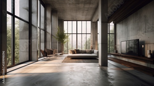 Brutalist concrete loft and be transported to a world of pure design. Generated by AI.