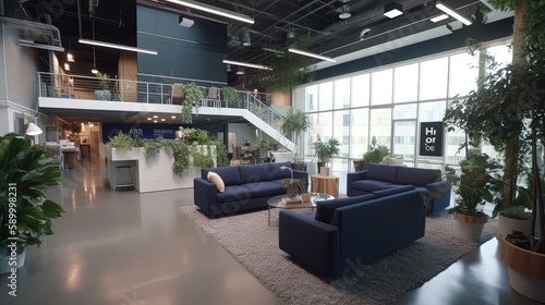 The Facebook headquarters office is a dynamic and exciting workplace, with a sleek and modern design. Generated by AI. photo