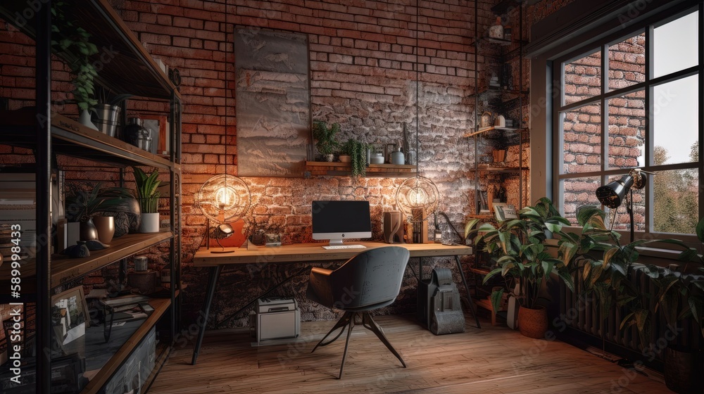 Industrial home office boasts a perfect balance of ruggedness and sophistication, featuring exposed brick walls, polished concrete floors, and a sleek minimalist design. Generated by AI.