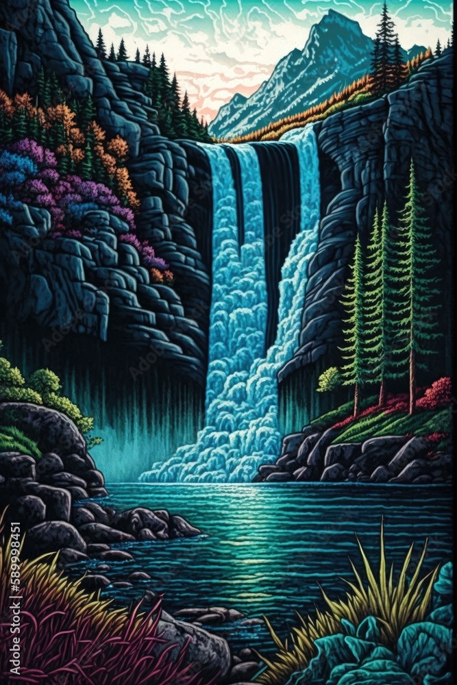 Color LineArt - tall waterfall