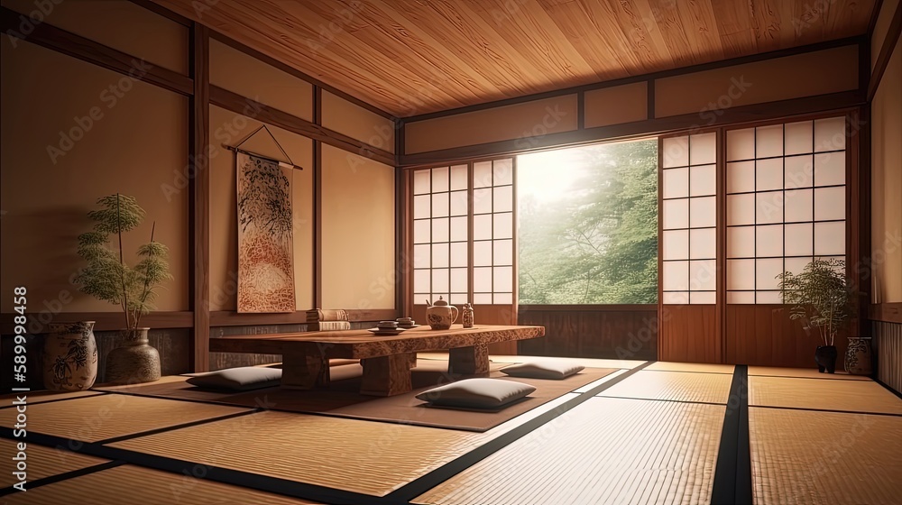 Japanese Zen meditation room with tatami mats and bamboo accents evokes a sense of harmony and balance. Generated by AI. Japanese Zen meditation room with tatami mats and bamboo accents evokes a sense of harmony and balance. Generated by AI.